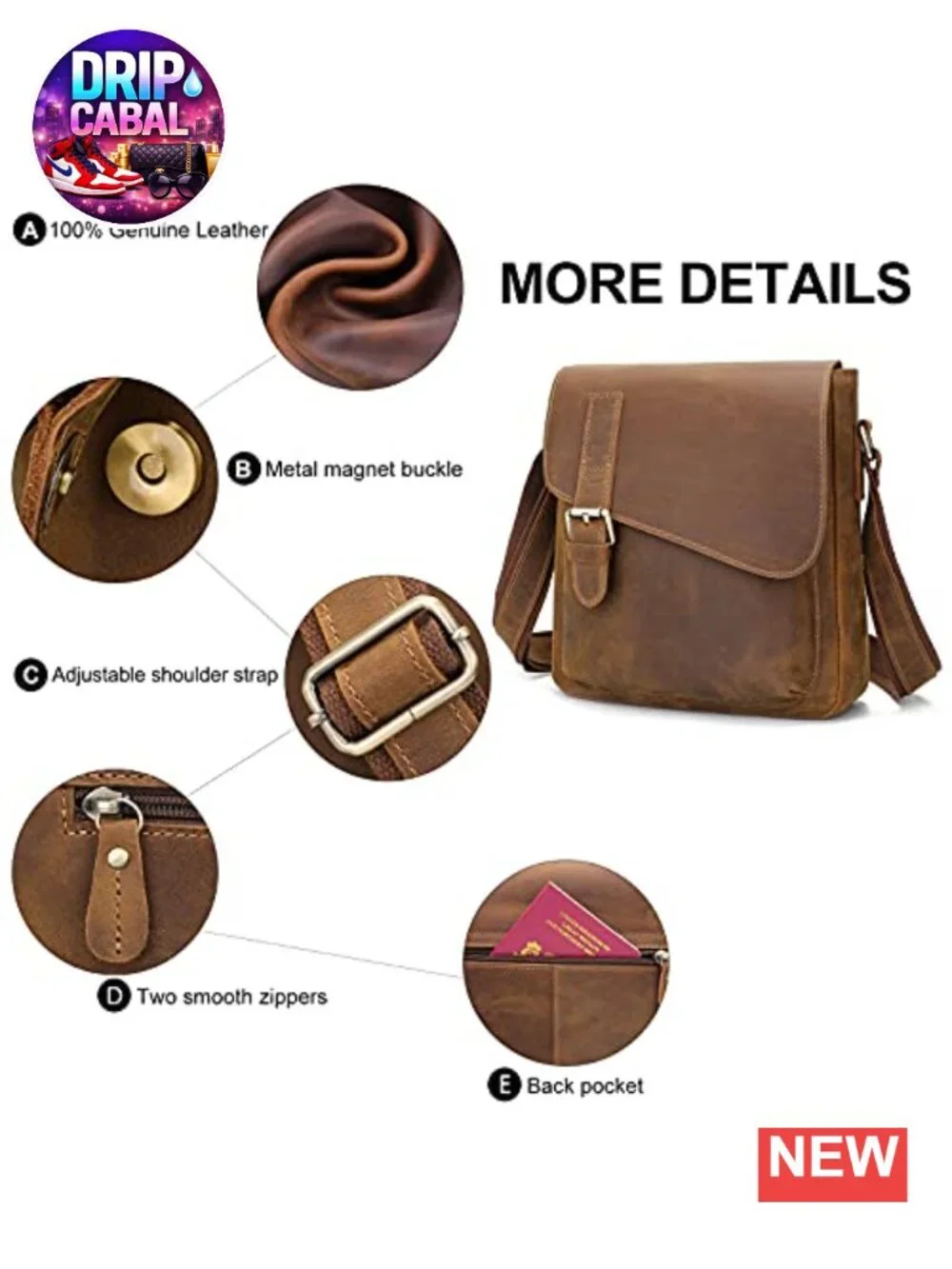 Genuine Cowhide Leather Messenger Crossbody Bag for Men Fits Tablet